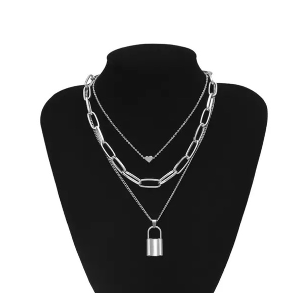 Silver Multi Layered Lock & Heart Chain Necklace - Picture 4 of 5